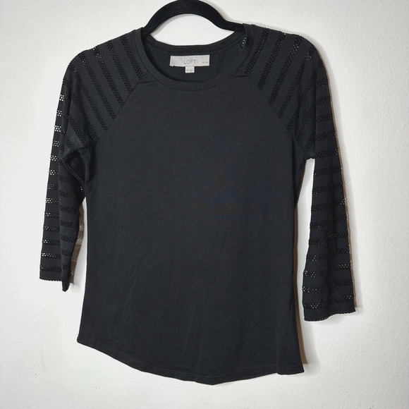 Ann Taylor Loft Black 3/4 Sleeves Cut-Out Triangle Stripe Round Neck Shirt XXP - Picture 1 of 10
